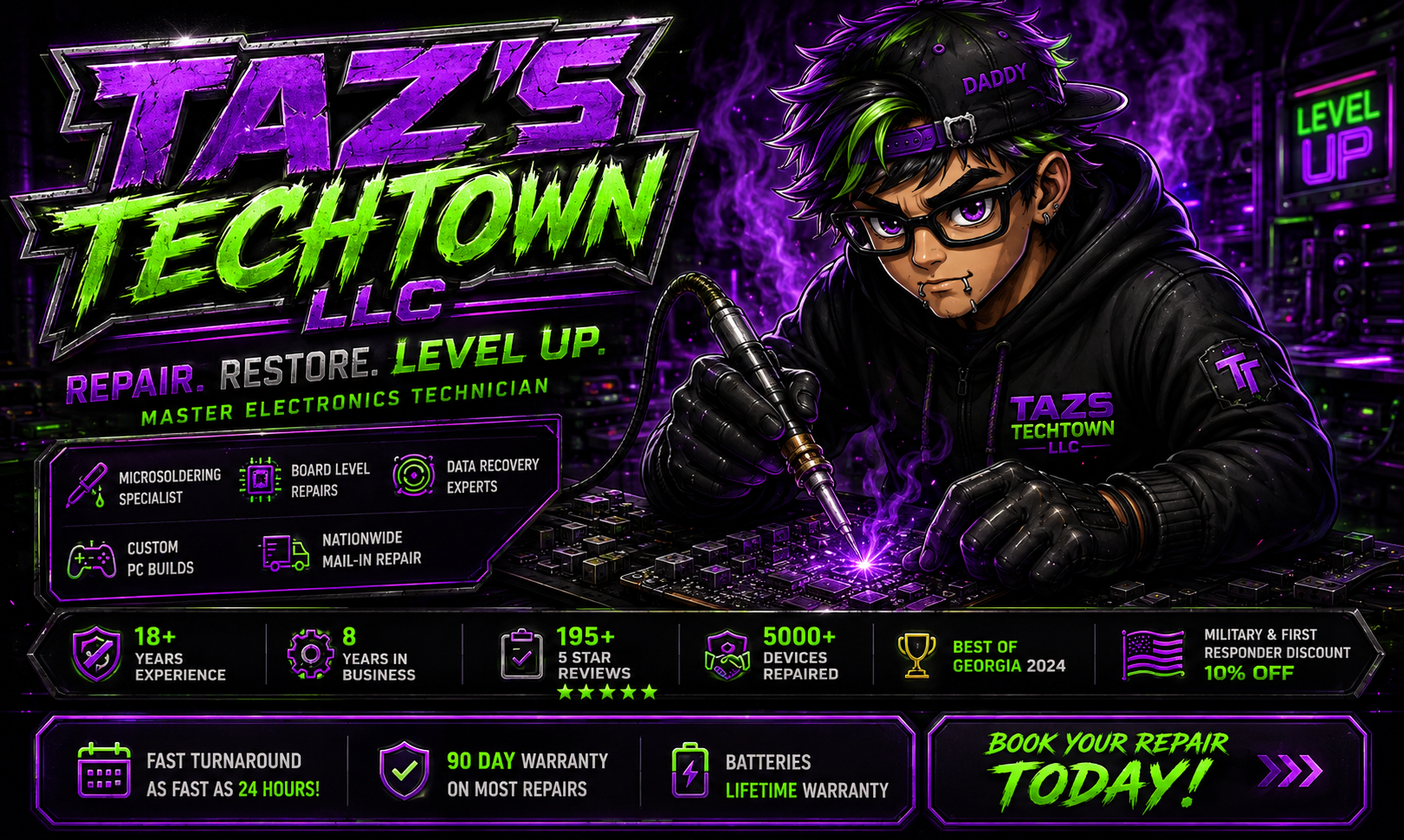 Taz's Tech Town master electronics technician cyberpunk brand artwork in neon purple and green